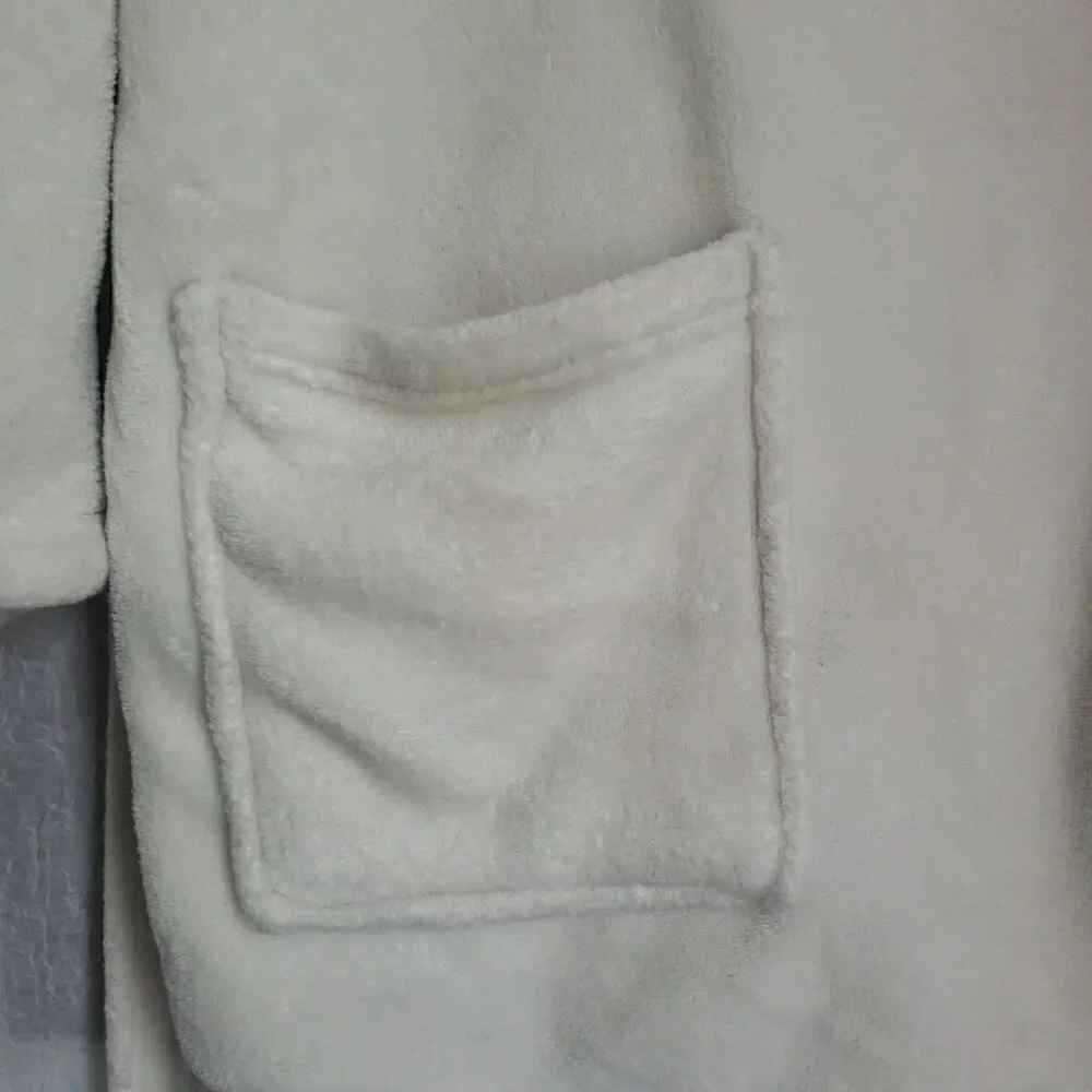 Sleep In White Robe Women's Short Fleece Belt Pockets *FLAW